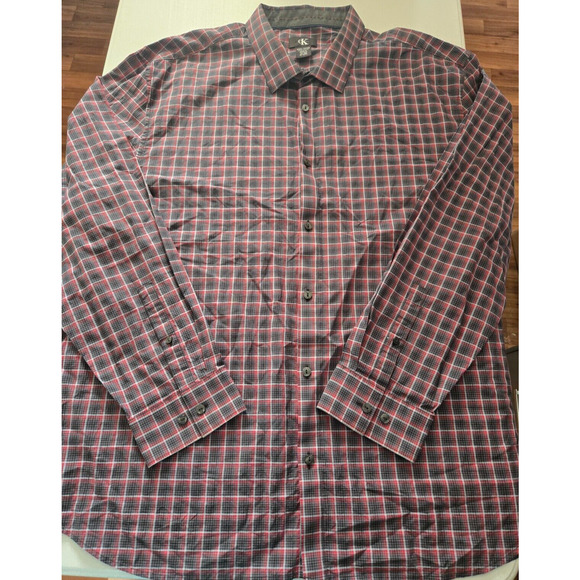 Calvin Klein Button Down Red Black Plaid Long Sleeve Shirt RN# 36543 Mens XXL - Picture 1 of 7